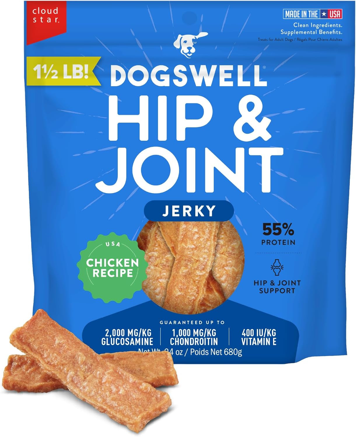 Jerky Hip and Joint Dog Treats Grain Free Made in USA Only, Glucosamine and Chondroitin, 24 Oz Chicken