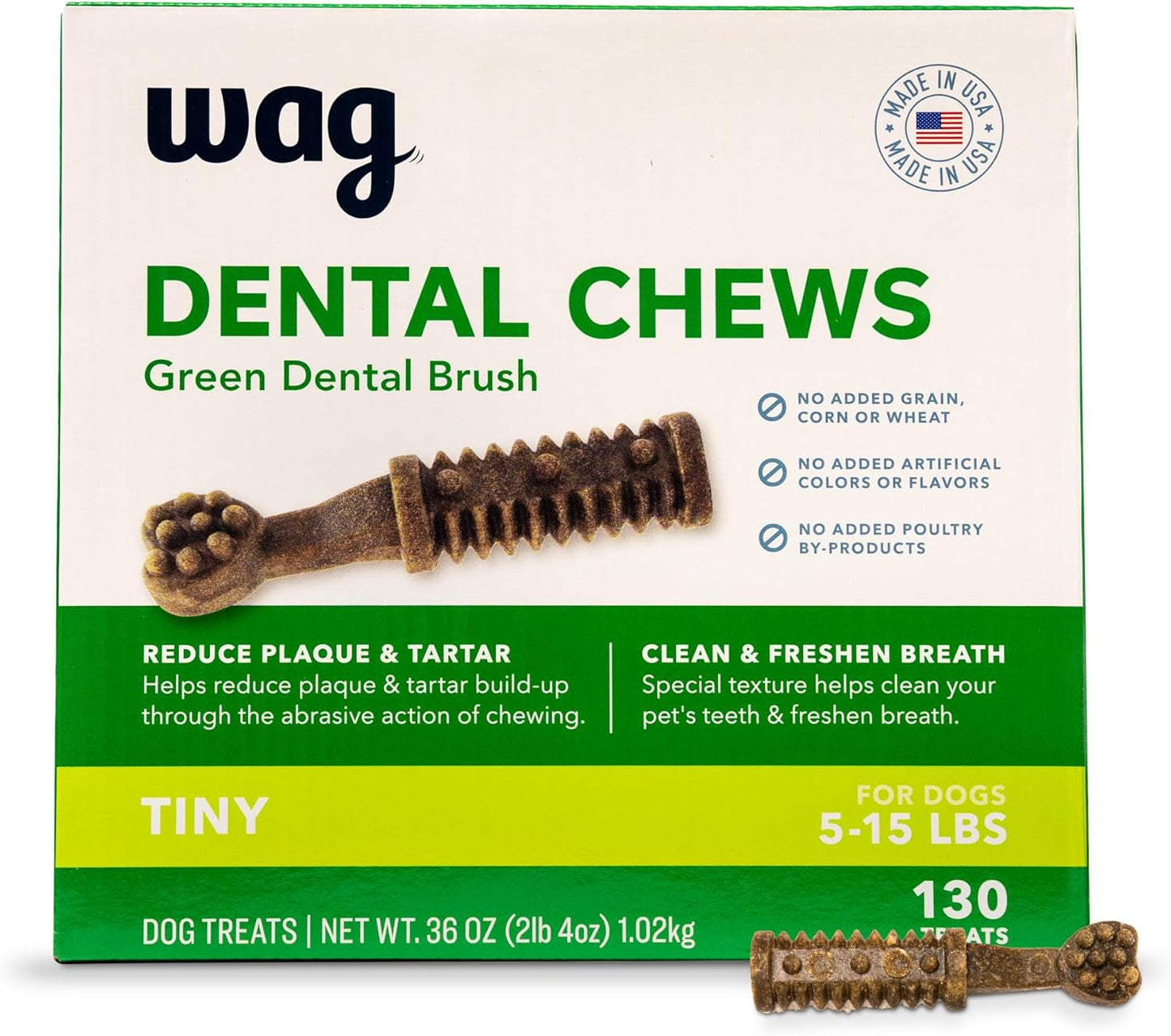 Amazon Brand -  Dental Dog Treats to Help Clean Teeth & Freshen Breath Tiny, 2.25 Pounds, Unflavored - 130 Count, Pack of 1