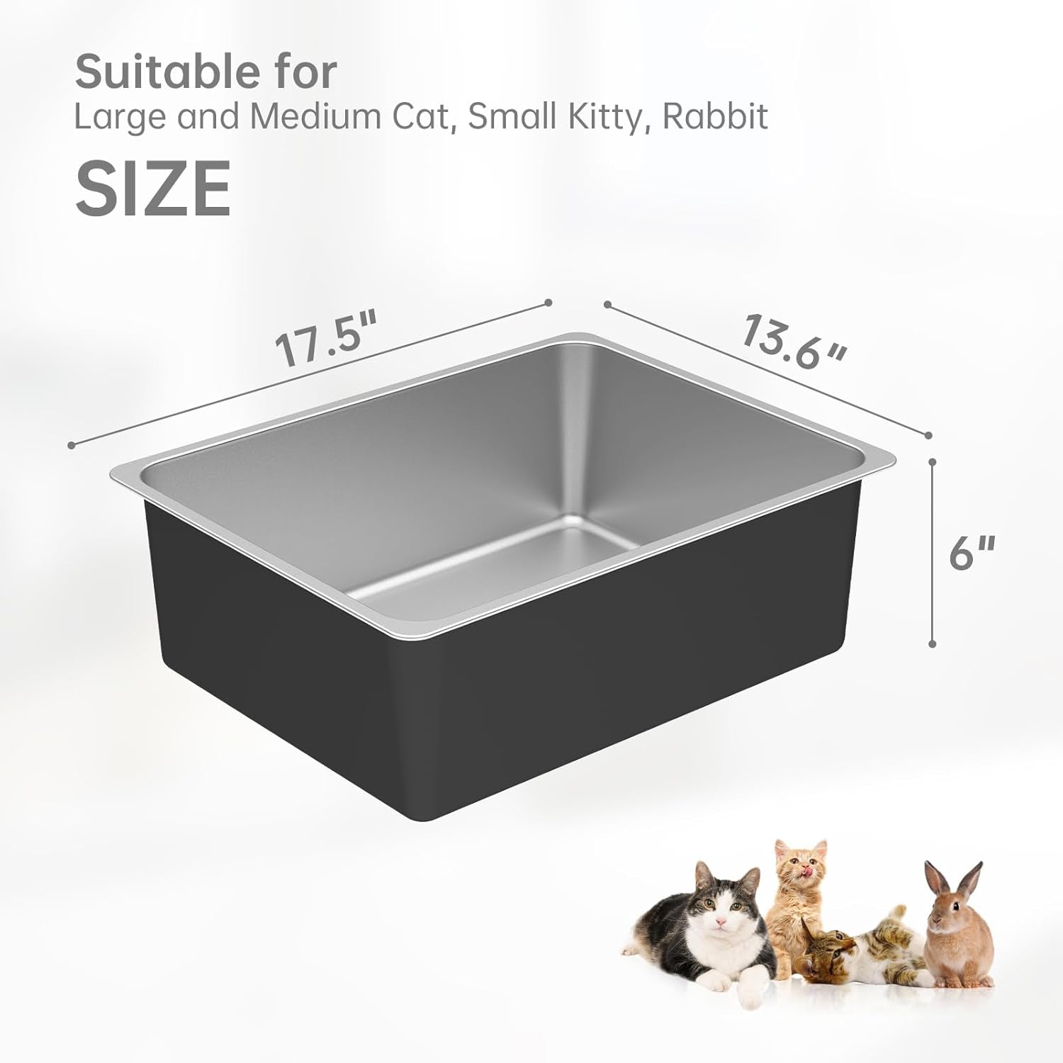Stainless Steel Litter Box - Metal High Sided Cat Litter Box Pan, Never Absorbs Smell, Easy to Clean Non Stick Cat Litterbox Tray Toilet Pet Supplies for Indoor Kitty, Kitten, Rabbit, Puppy