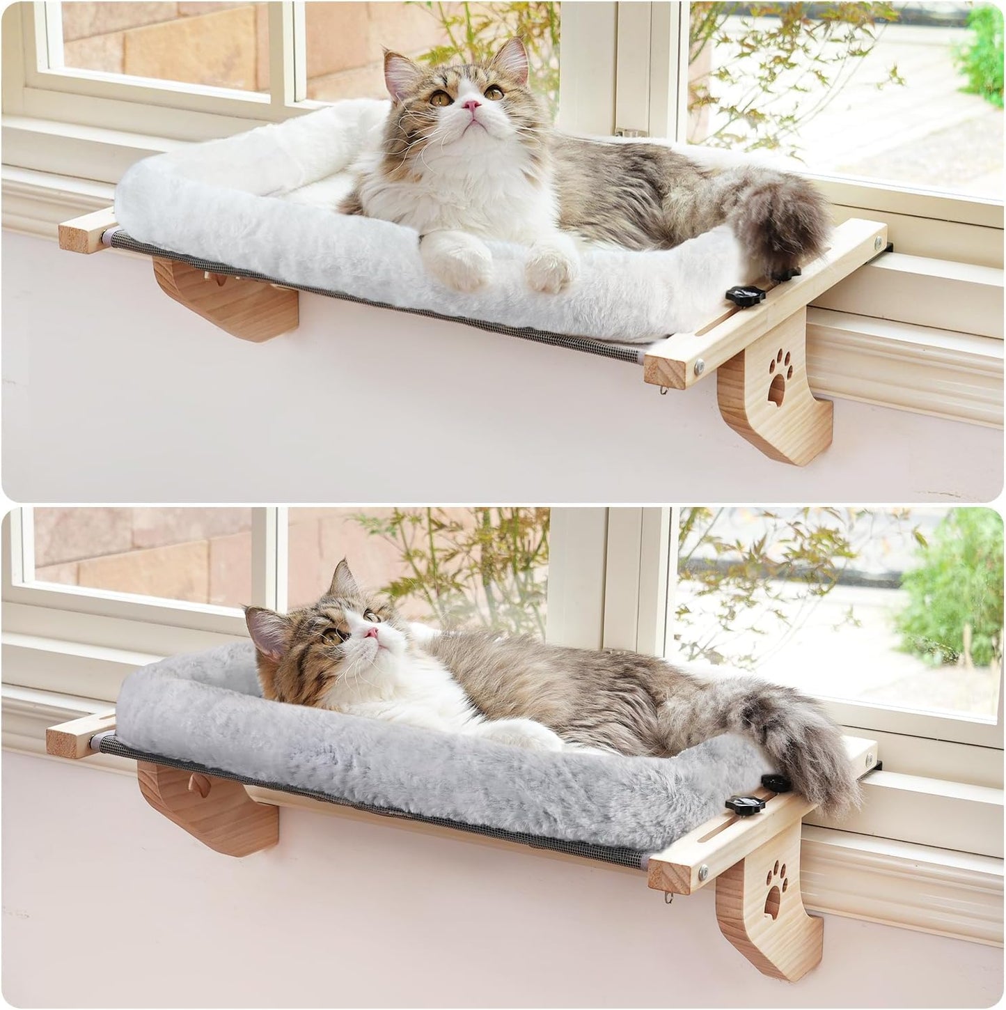 Cat Sill Window Perch Sturdy Hammock Window Seat with Cushion Cover, Wood & Metal Frame for Large Cats, Easy to Adjust Cat Bed for Windowsill, Bedside, Drawer and Cabinet (L)
