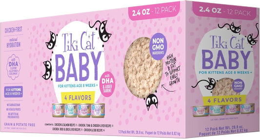 Tiki Cat Baby, Shreds Variety Pack, High-Protein and Flavorful, Wet Cat Food for Kittens 8 Weeks Plus, 2.4 Oz. Cans (Pack of 12)