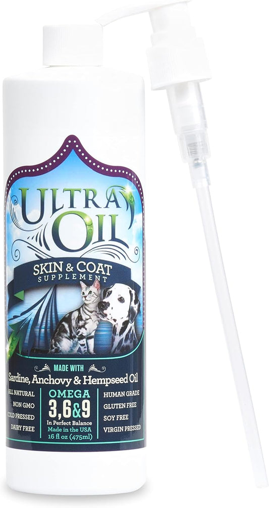 Ultra Oil Skin and Coat Supplement for Dogs and Cats with Hemp Seed, Flaxseed, Grape Seed, and Fish Oils for Relief from Dry Itchy Skin, Dull Coat, Hot Spots, Dandruff, and Allergies, (16 Oz)