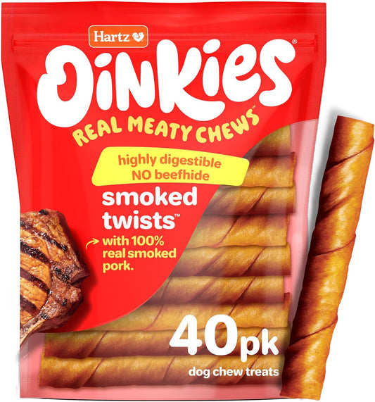 Oinkies Smoked Twists with Naturally Smoked Pork Rawhide-Free Dog Treats, Highly Digestible Long Lasting Dog Chews, 40 Count