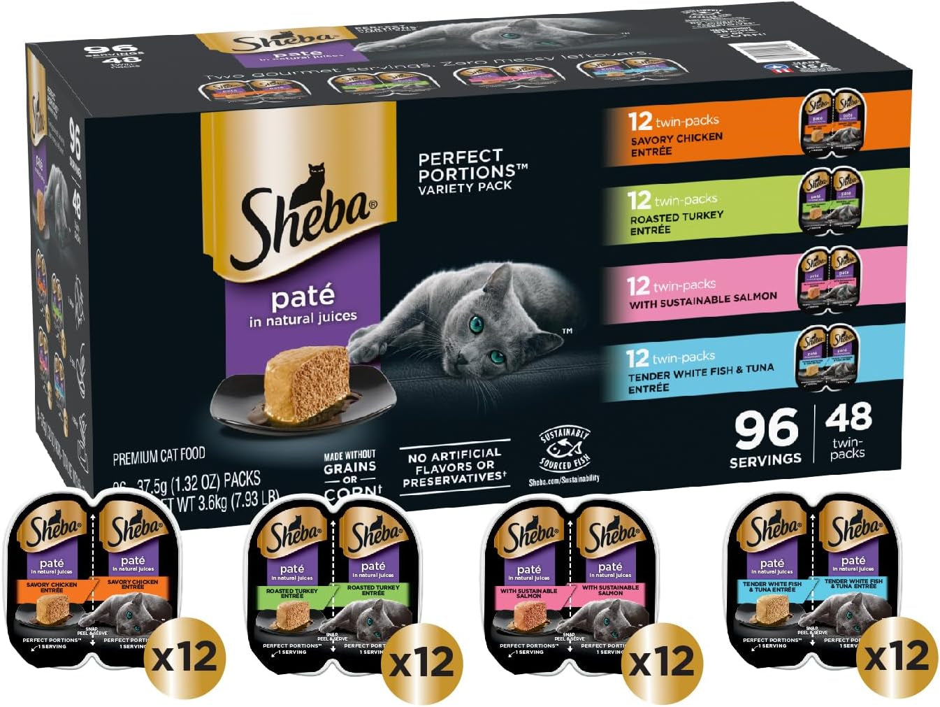 Perfect Portions Wet Cat Food Pate Savory Chicken, Roasted Turkey, with Sustainable Salmon, and Tender Whitefish & Tuna Variety Pack, 2.6 Oz. Twin-Pack Trays (48 Count, 96 Servings)