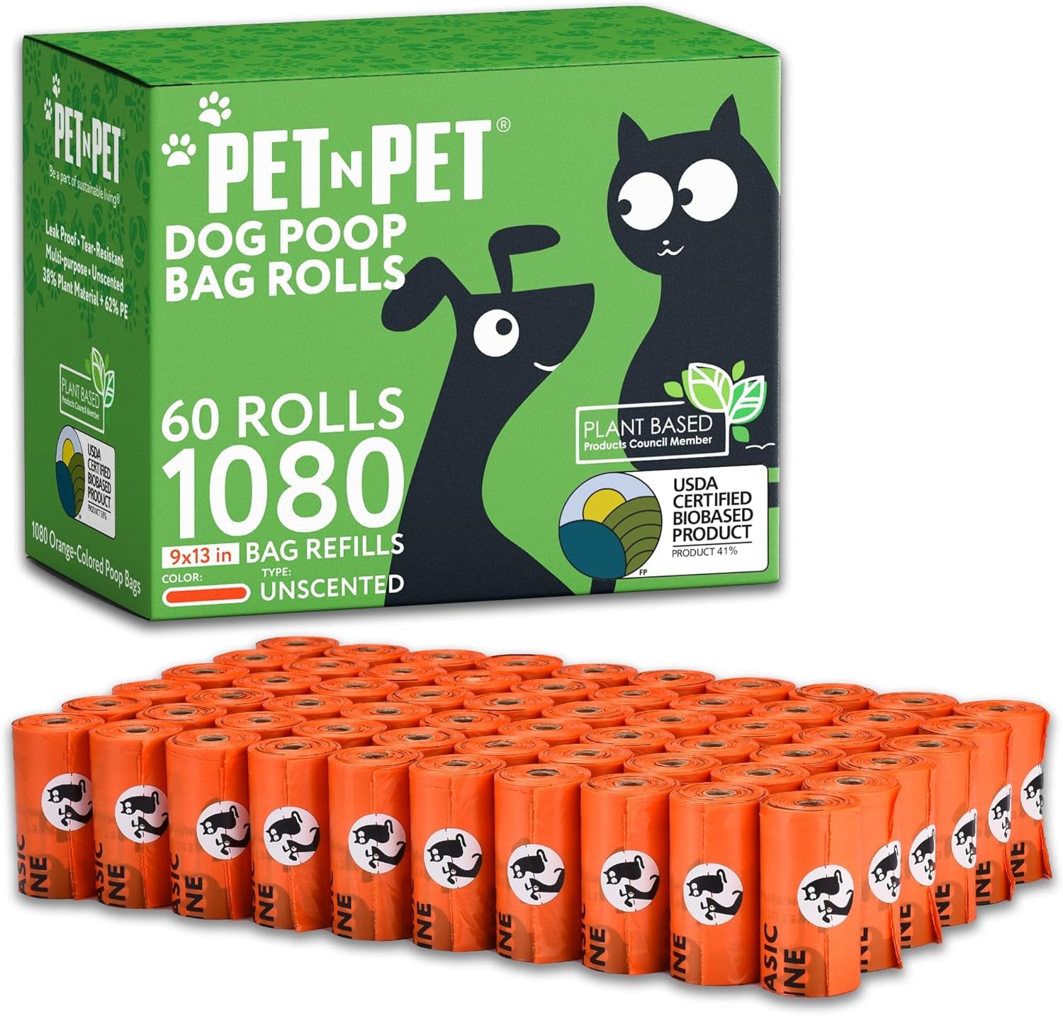 1080 Counts Orange Poop Bags for Dogs, 41% Plant Based & 59% PE Extra Thick Dog Poop Bags Rolls, 9" X 13", Unscented Pet Waste Bag