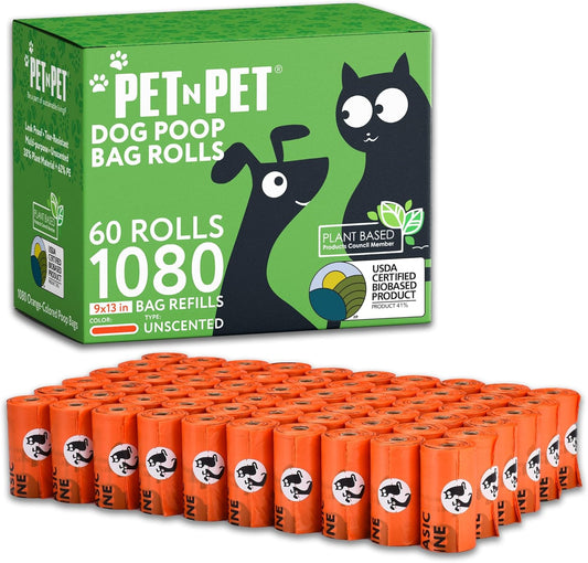 1080 Counts Orange Poop Bags for Dogs, 41% Plant Based & 59% PE Extra Thick Dog Poop Bags Rolls, 9" X 13", Unscented Pet Waste Bag