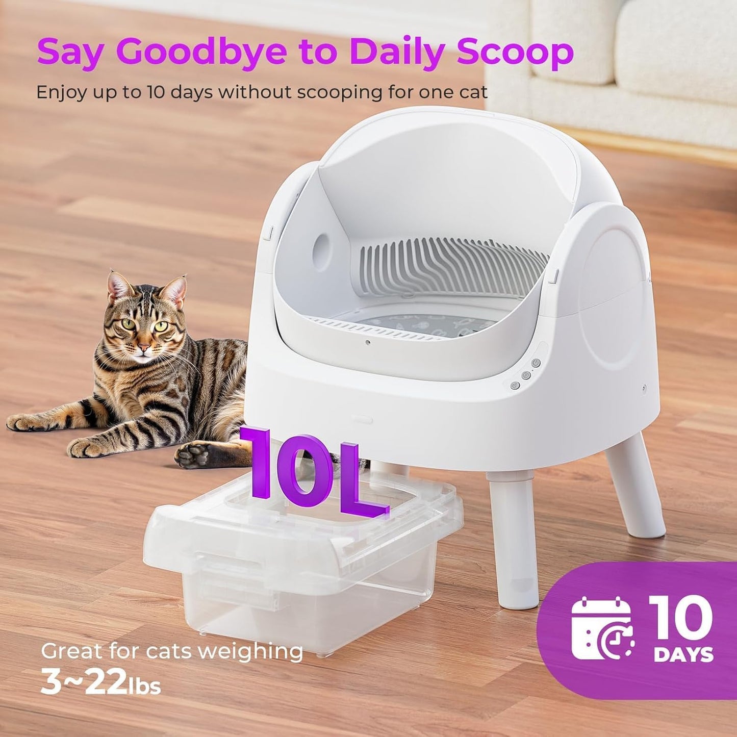 Self-Cleaning Cat Litter Box for Multiple Cats - Automatic, Open Top, White with Liners and Mat Included