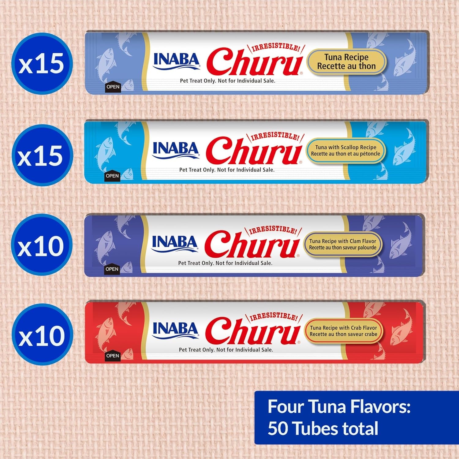 Churu Cat Treats, Grain-Free, Lickable, Squeezable Creamy Purée Cat Treat/Topper with Vitamin E & Taurine, 0.5 Ounces Each Tube, 50 Tubes, Tuna & Seafood Variety