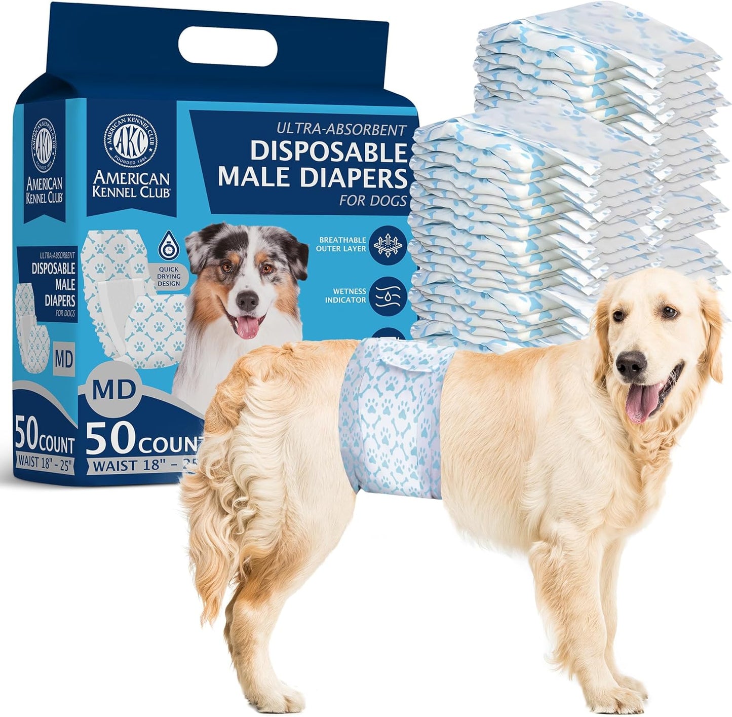 Male Dog Wrap, Disposable Diapers with Wetness Indicator, Medium, 50 Count