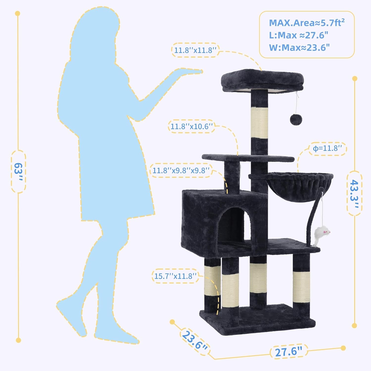 Cat Tree with Toy, Cat Tower Condo for Indoor Cats, Cat House with Padded Plush Perch, Cozy Hammock and Sisal Scratching Posts, Smoky Gray HCT004SG