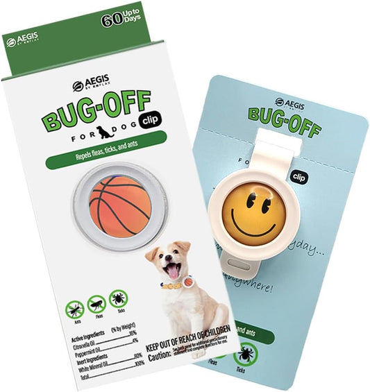 Bug-Off Clip for Dogs [2 Pack] Repels Flea, Tick & Ants for 60 Days, Natural Flea and Tick Repellent Collar [Made in Korea] Aegis by  (Basketball & Smile)