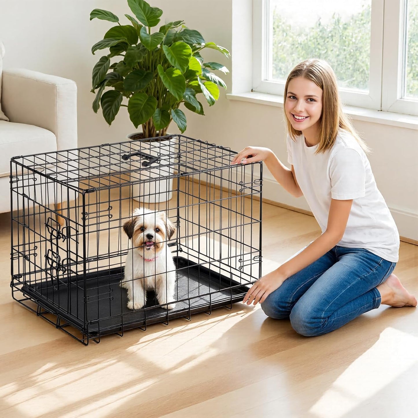 Dog Crate, 30 Inch Medium Single Door Dog Cage with Plastic Leak-Proof Pan Tray, Folding Metal Wire Pet Kennel for Indoor, Outdoor, Travel