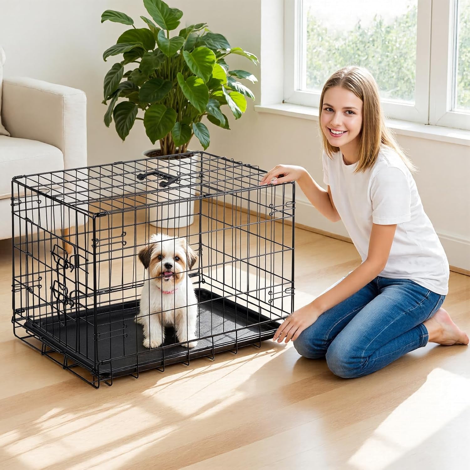 Dog Crate, 30 Inch Medium Single Door Dog Cage with Plastic Leak-Proof Pan Tray, Folding Metal Wire Pet Kennel for Indoor, Outdoor, Travel