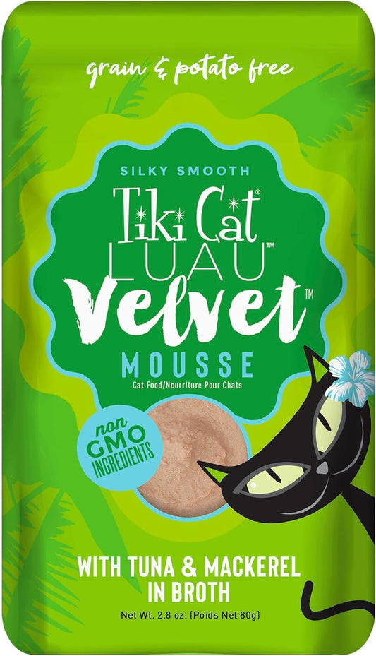 Tiki Cat Luau Velvet Mousse, Tuna & Mackerel in Broth, Complete Nutrition for Balanced Diet, Wet Cat Food for All Life Stages, 2.8 Oz. Pouch (12 Count)