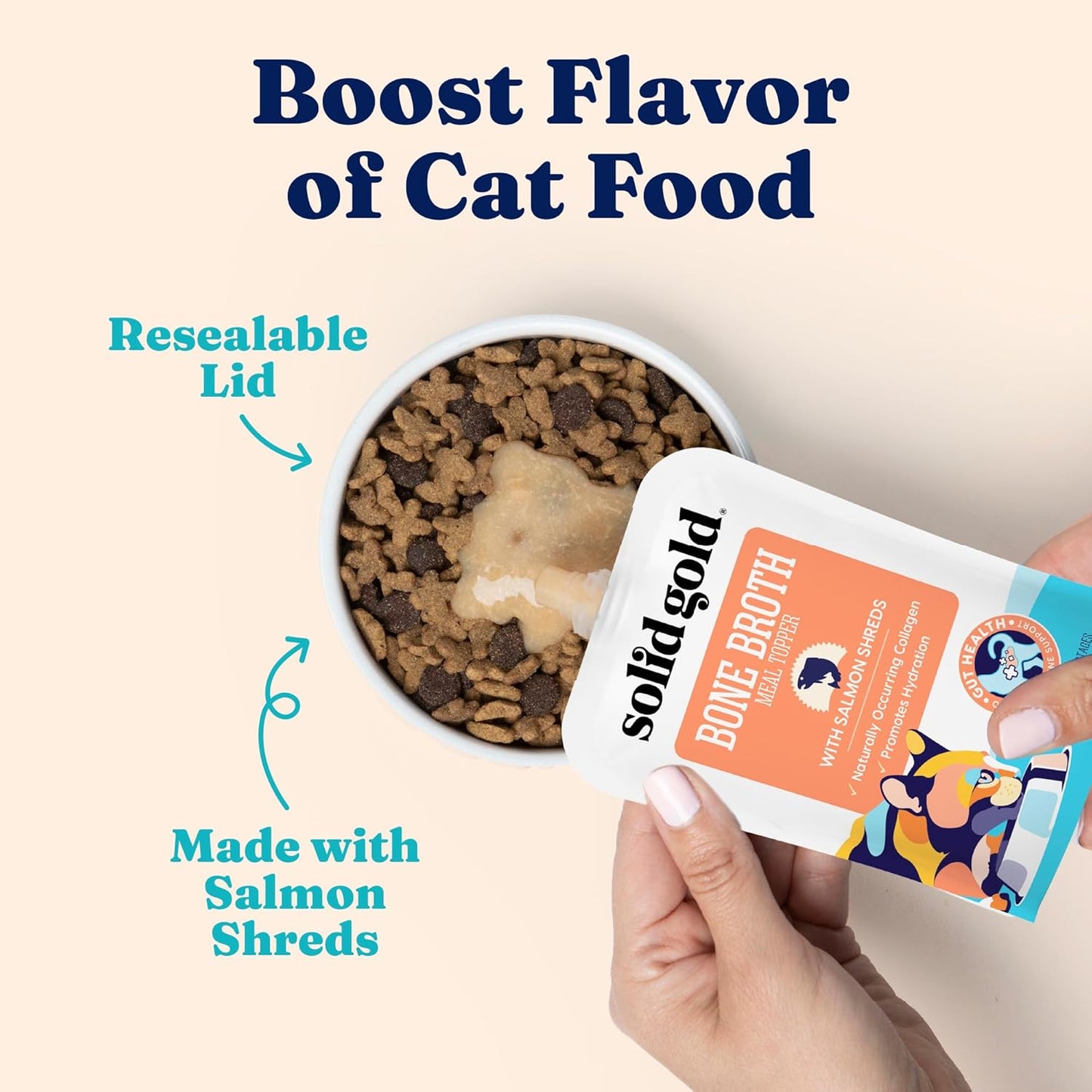 Bone Broth Cat Food Topper - Limited Ingredient Lickable Cat Broth Pouches W/Salmon Protein Shreds & Collagen for Hydration & Gut Support - Easy to Serve Gravy for Cats Meal Topper - 12Ct