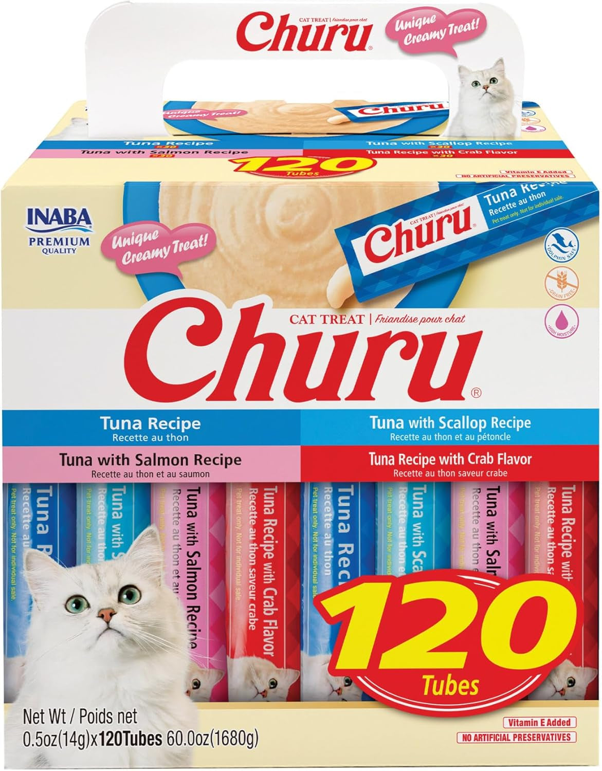 Churu Cat Treats, Lickable, Squeezable Creamy Purée with Vitamin E, 0.5 Ounces per Tube, 120 Tubes Total, Tuna Variety