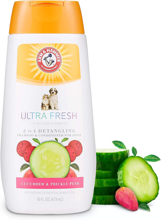 Ultra Fresh 2-In-1 Detangling Shampoo + Conditioner, Cucumber Pear Scent - Dog Bathing with Coconut Oil, Baking Soda for Odor Control, Pet Grooming Supplies, 16 Fl Oz