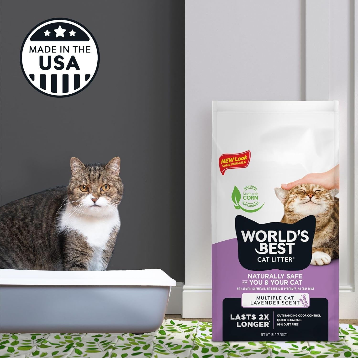 Multiple Cat Lavender Scented 15-Pounds - Natural Ingredients, Quick Clumping, Flushable, 99% Dust Free & Made in USA - Calming Fragrance & Long-Lasting Odor Control