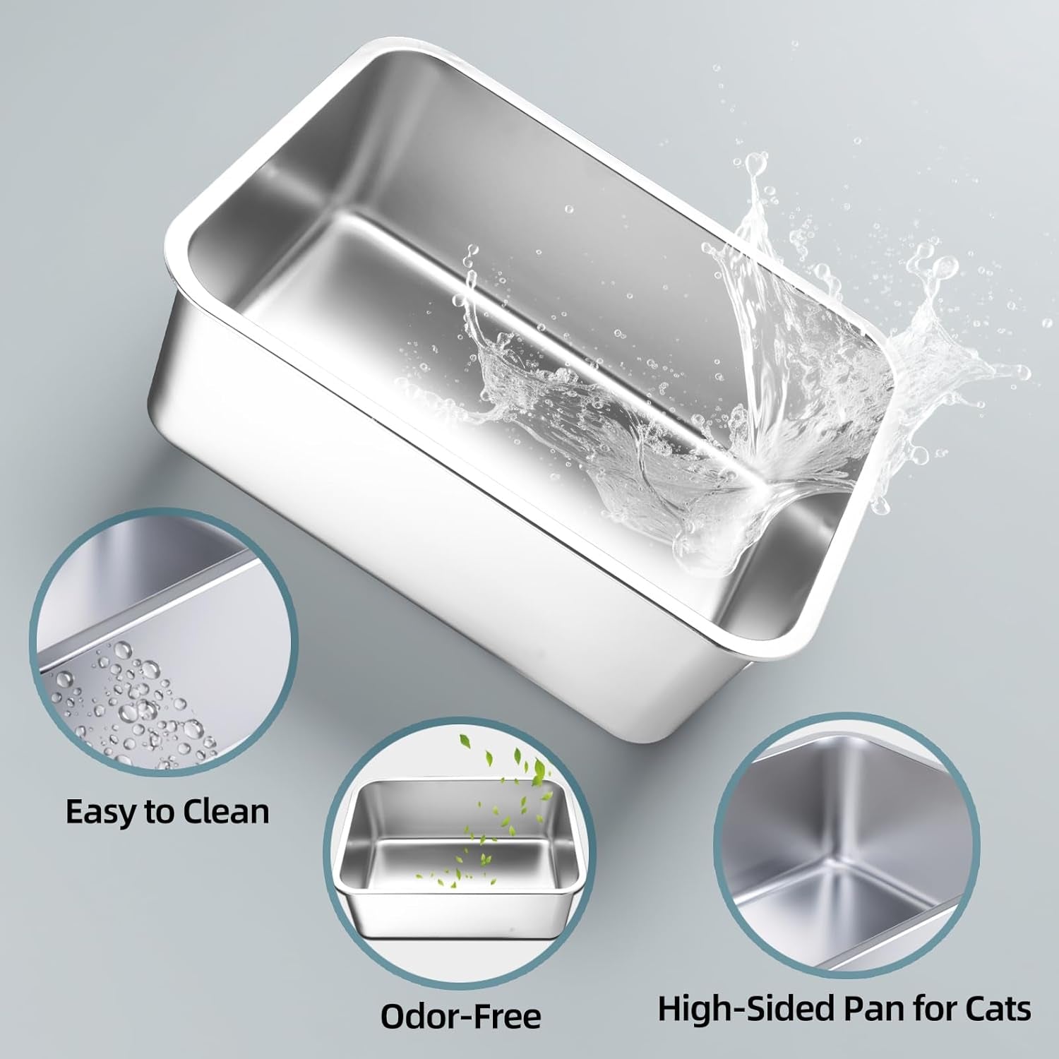 Stainless Steel Cat Litter Box - Large Metal High-Sided Litter Pan for Cats, Rabbits, and Pets, Non-Stick, Odor-Free, Easy to Clean, Splash-Proof, Sturdy and Durable Indoor Cat Toilet Supplies