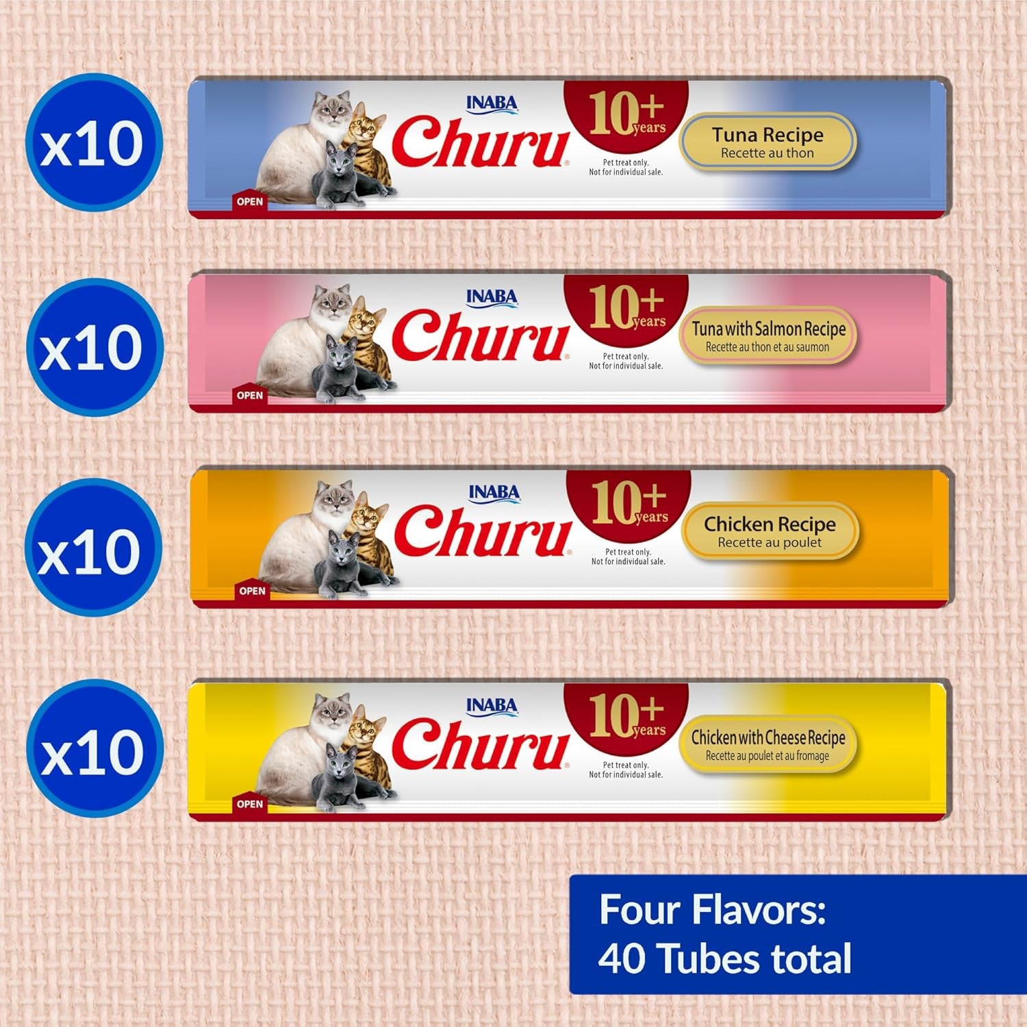 Churu for Senior 10+, Creamy Lickable Cat Treats with Taurine, Vitamin E & C, 0.5 Ounces Each, 40 Tubes, Tuna & Chicken Variety