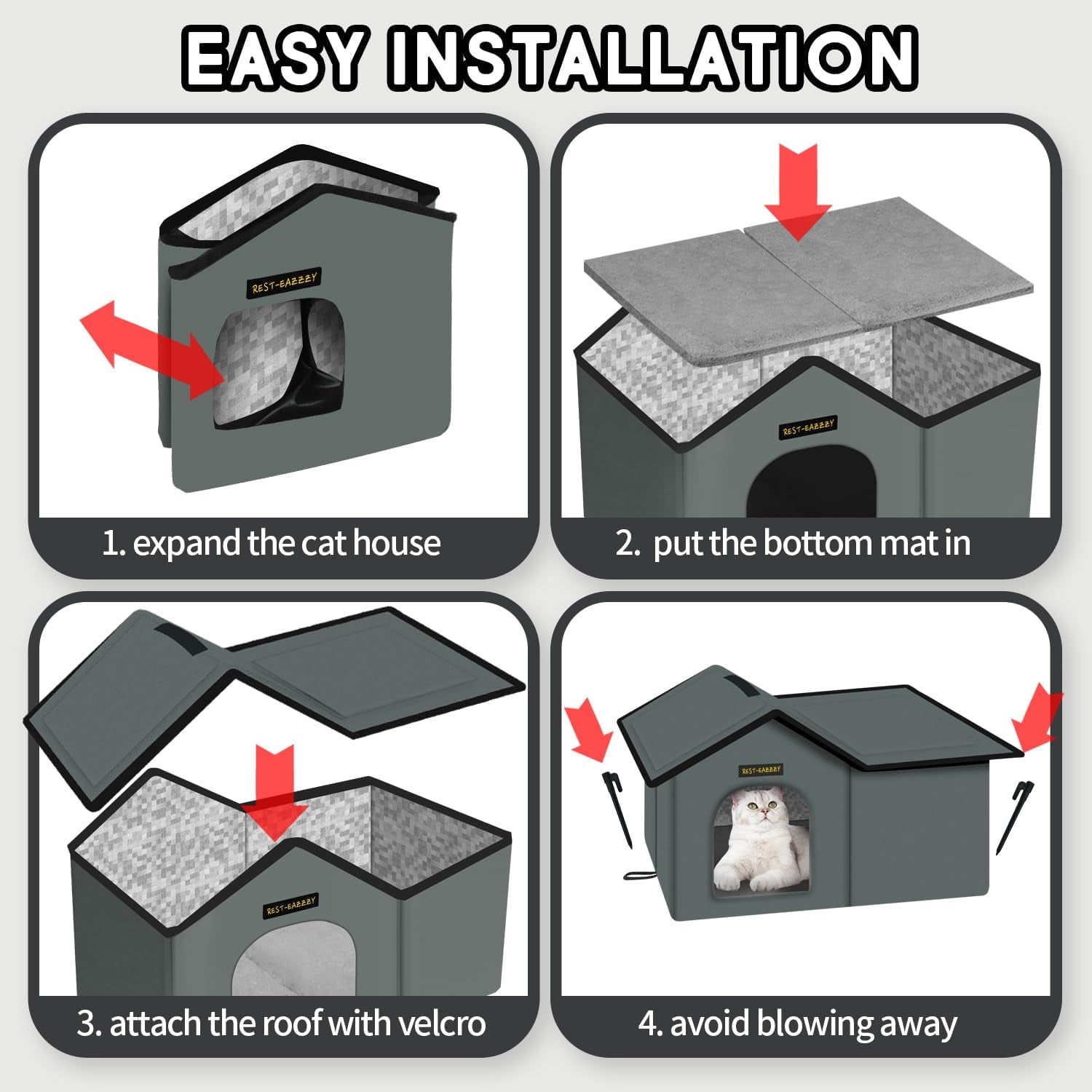 Cat House for Outdoor Cats, Weatherproof and Insulated Feral Cat House with Mat and Clip, Easy to Put Together, Selfwarming Cat Shelter for Winter(Grey, Waterproof House-L)