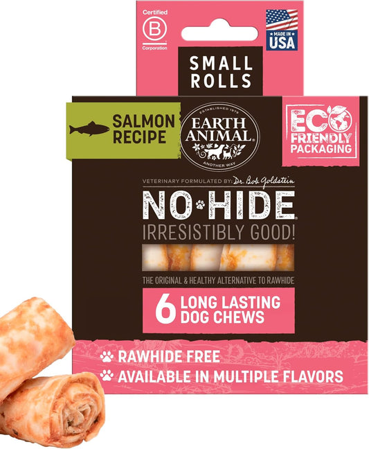 No Hide Chews - Long Lasting Rawhide Free Small Dog Chews Rolls, Salmon - 6 Count