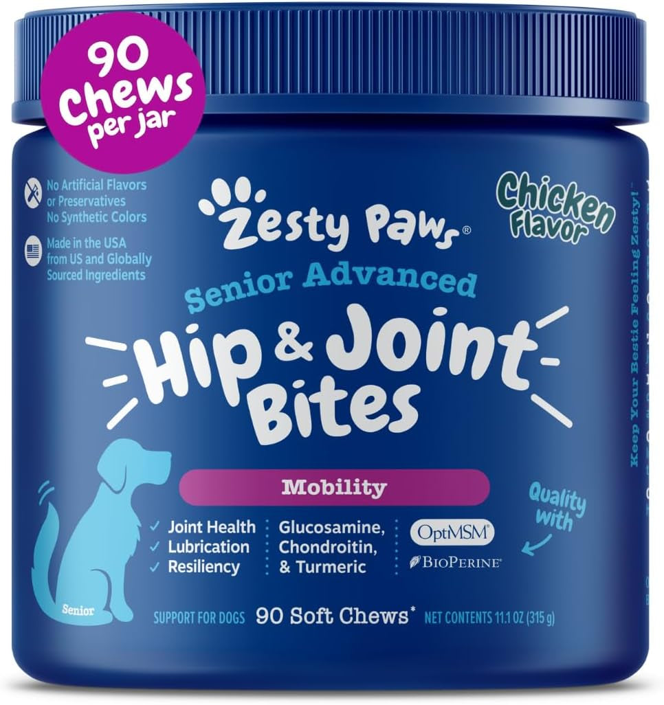Mobility Bites Joint Supplement for Dogs - Soft Chews with Glucosamine for Dogs, Chondroitin, & MSM + Vitamins C and E - Adv Chicken - 90 Count