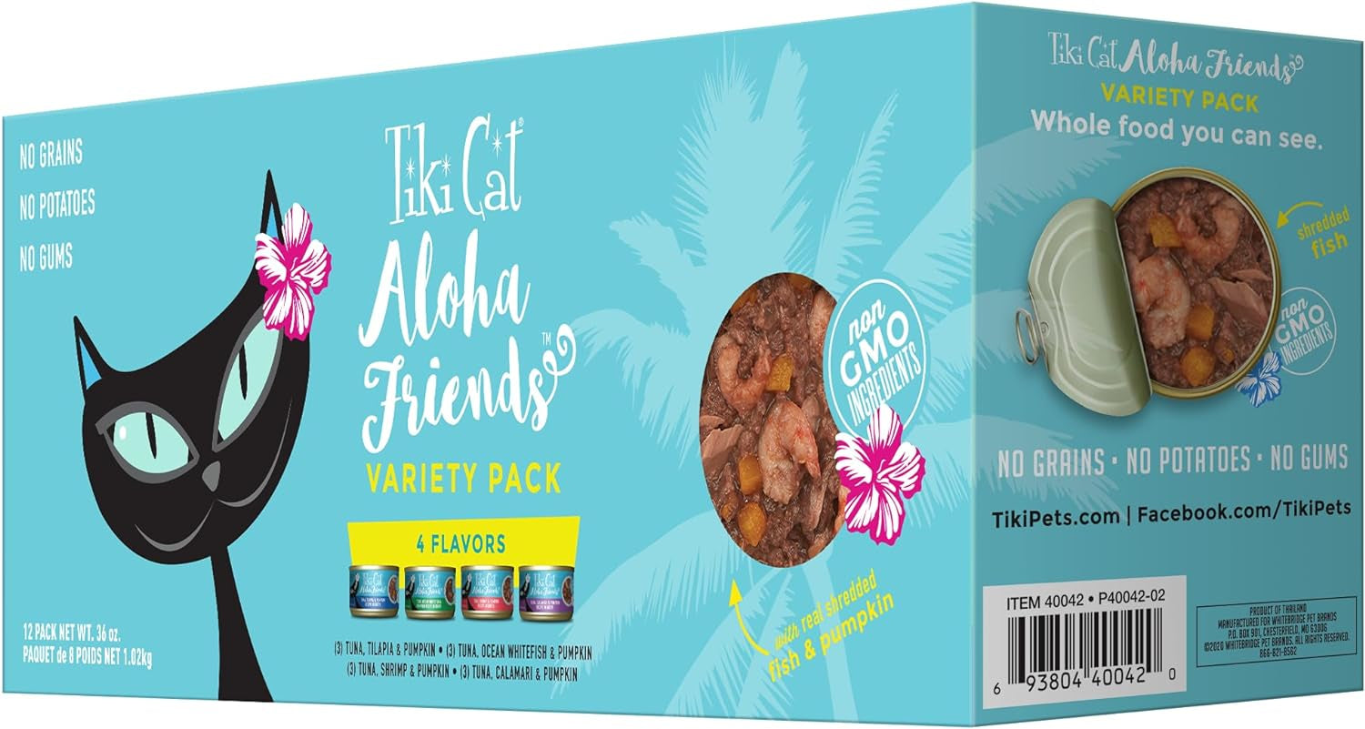 Tiki Cat Aloha Friends Variety Pack, Seafood Flavors with Pumpkin, Wet, High-Protein & High-Moisture Cat Food, for All Life Stages, 3 Oz. Cans (Pack of 12)
