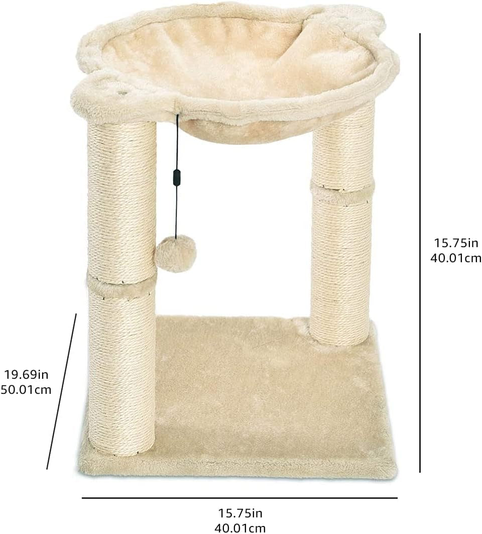 Cat Condo Tower with Hammock Bed and Scratching Post,Easy to Assemble,Plush Hammock,Interactive Hanging Ball,Durable Sisal Scratch Posts for Indoor Cats, 15.8 X 15.8 X 19.7 Inches, Beige