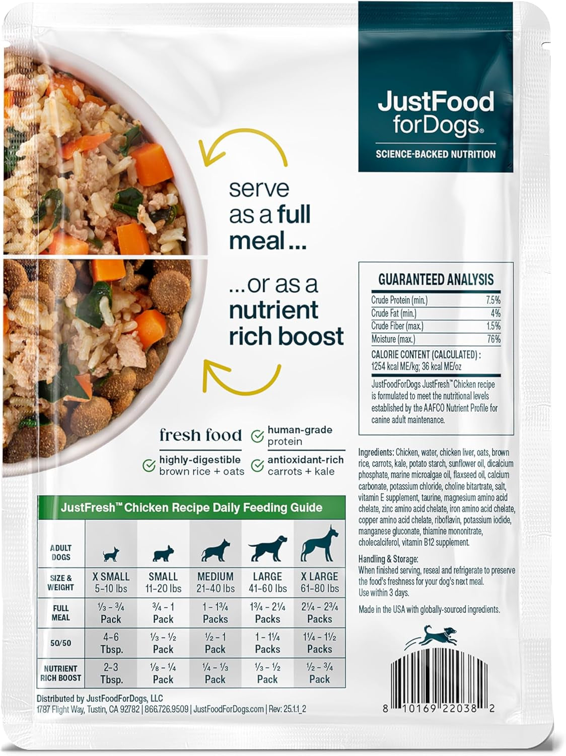 Justfresh Wet Dog Food, Fresh Pet Meals and Toppers with No Preservatives, Resealable Package, Human Grade, Home-Cooked Chicken, 12 Oz - 7 Pack