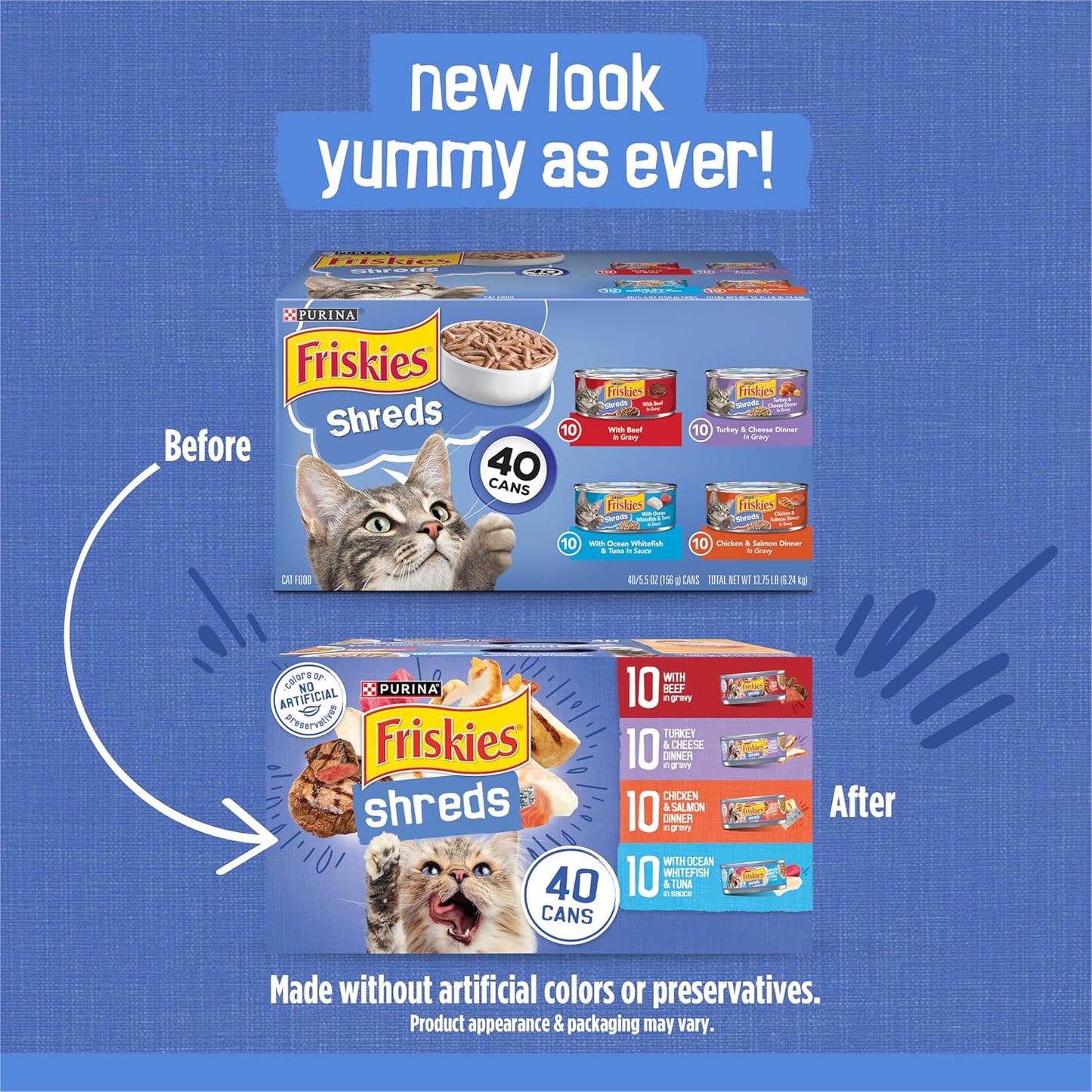 Purina  Wet Cat Food Variety Pack, Shreds with Beef, Turkey & Cheese, Chicken & Salmon, Ocean Whitefish & Tuna - Indoor Canned Cat Food Wet Gravy - (Pack of 40) 5.5 Oz Cans