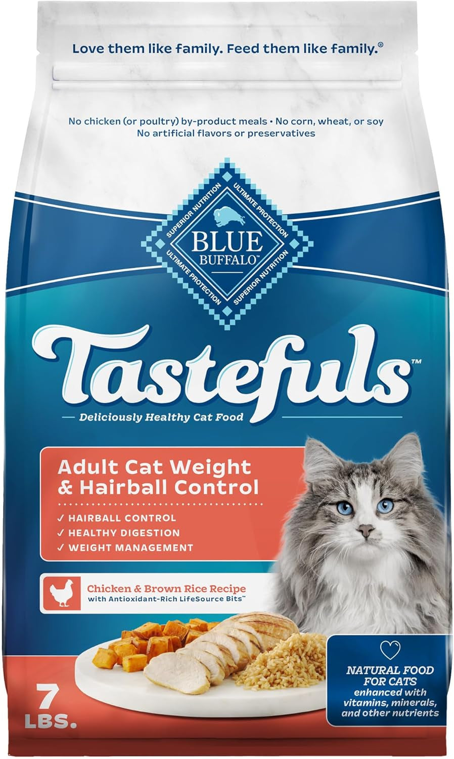 Tastefuls Adult Dry Cat Food for Weight Management & Hairball Control, Made in the USA with Natural Ingredients, Chicken Recipe, 7-Lb Bag