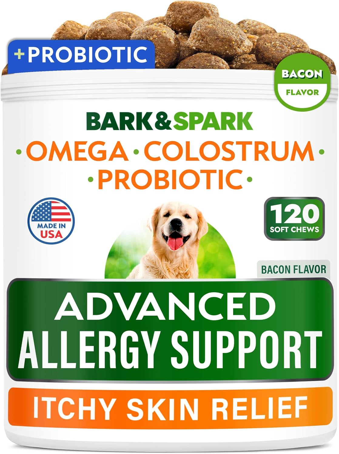 Advanced Dog Allergy Itch Relief Chews - Skin Probiotics W/Fish Oil Omega 3 - Itchy Skin Relief Pills - anti Itching Licking - Skin Allergies Treatment Immune Supplement Colostrum-120 Bacon