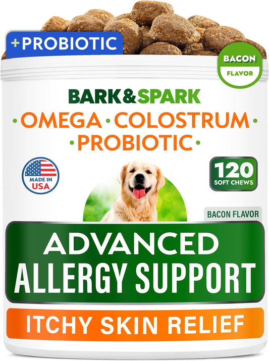 Advanced Dog Allergy Itch Relief Chews - Skin Probiotics W/Fish Oil Omega 3 - Itchy Skin Relief Pills - anti Itching Licking - Skin Allergies Treatment Immune Supplement Colostrum-120 Bacon