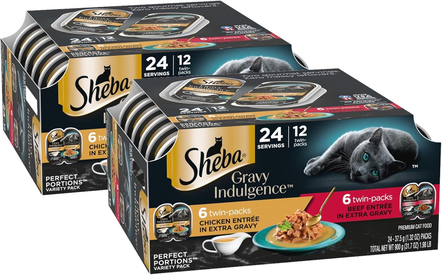 Gravy Indulgence Adult Wet Cat Food Beef Entree and Chicken Entree in Extra Gravy Variety Pack, 2.6 Oz. Twin-Pack Trays (12 Count, 24 Servings) (Pack of 2)
