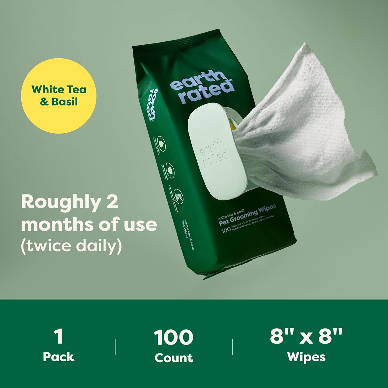 Pet Wipes for Dogs and Cats, Hypoallergenic, 3-In-1 Cleaning, Deodorizing and Hydrating, for Grooming Paws, Body and Butt, New White Tea and Basil Scent, 100 Count