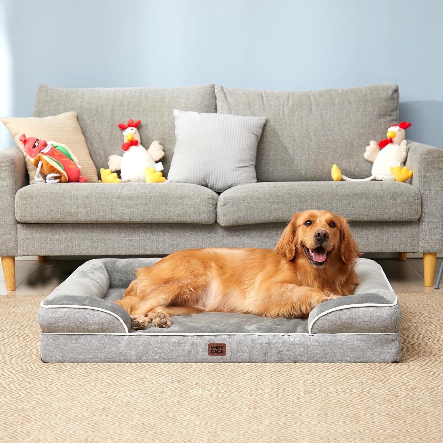 Orthopedic Dog Beds for Large Dogs, Waterproof Memory Foam Large Dog Bed with Sides, Non-Slip Bottom and Egg-Crate Foam Pet Couch Bed with Washable Removable Cover, Grey