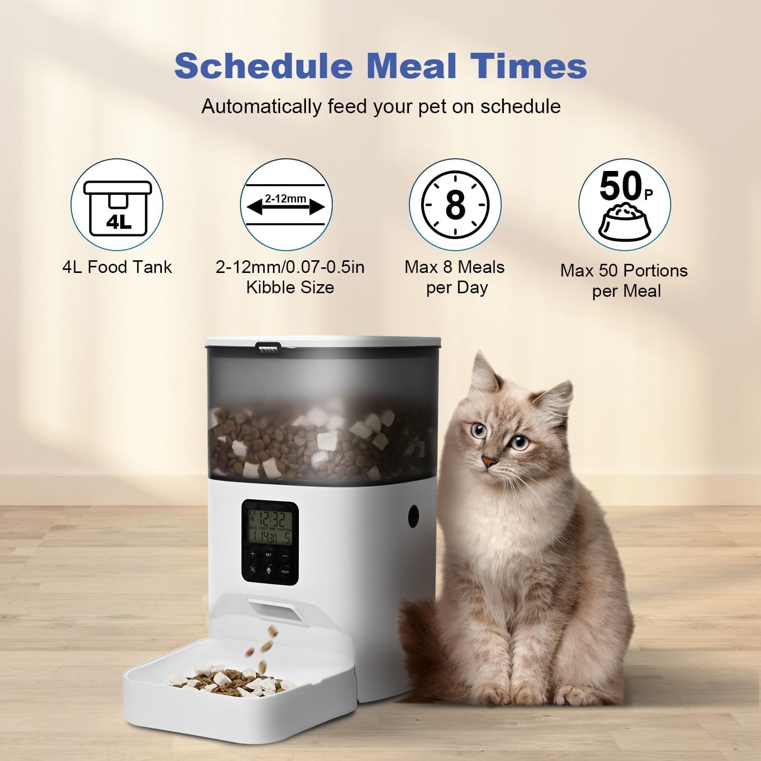 Automatic Cat Feeder, 4L Cat Food Dispenser with 10S Voice Recorder, Pet Feeder up to 8 Meals per Day, Timed Dog Feeder with Dry Food Sealed Ring (White, 4L-Basic)