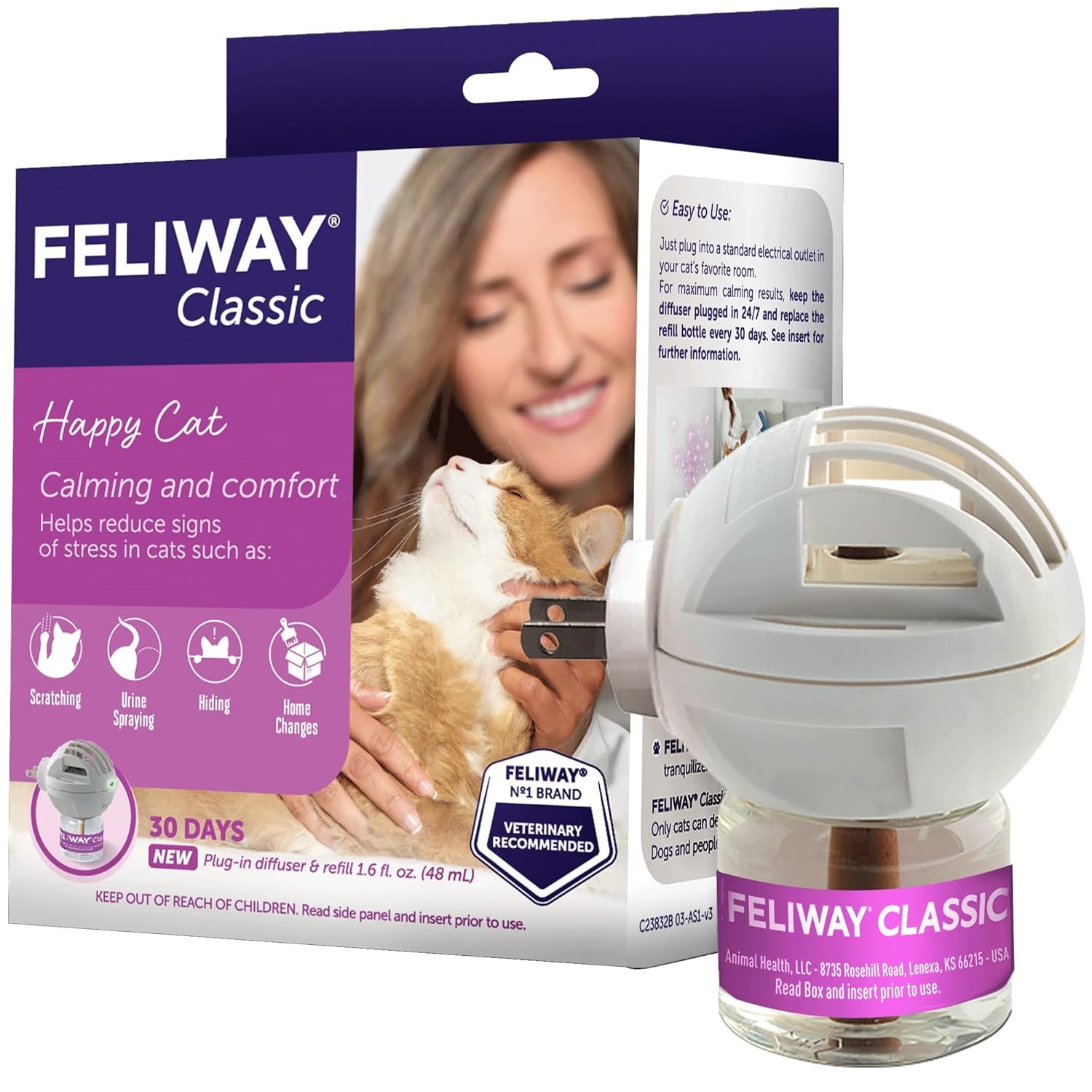 Classic 30 Day Cat Calming Plug in Pheromone Diffuser Starter Kit, 48Ml - Helps Reduce Common Signs of Stress in Cats & Kittens, Enhanced Calming