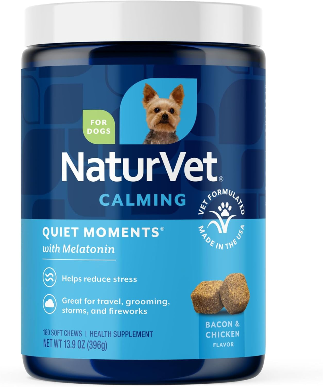 Quiet Moments Calming Dog Supplement, Dog Soft Chews with Melatonin to Help Reduce Stress from Storms, the Vet, Fireworks, and Travel, Bacon and Chicken Flavored Pet Supplement, 180 Count Jar