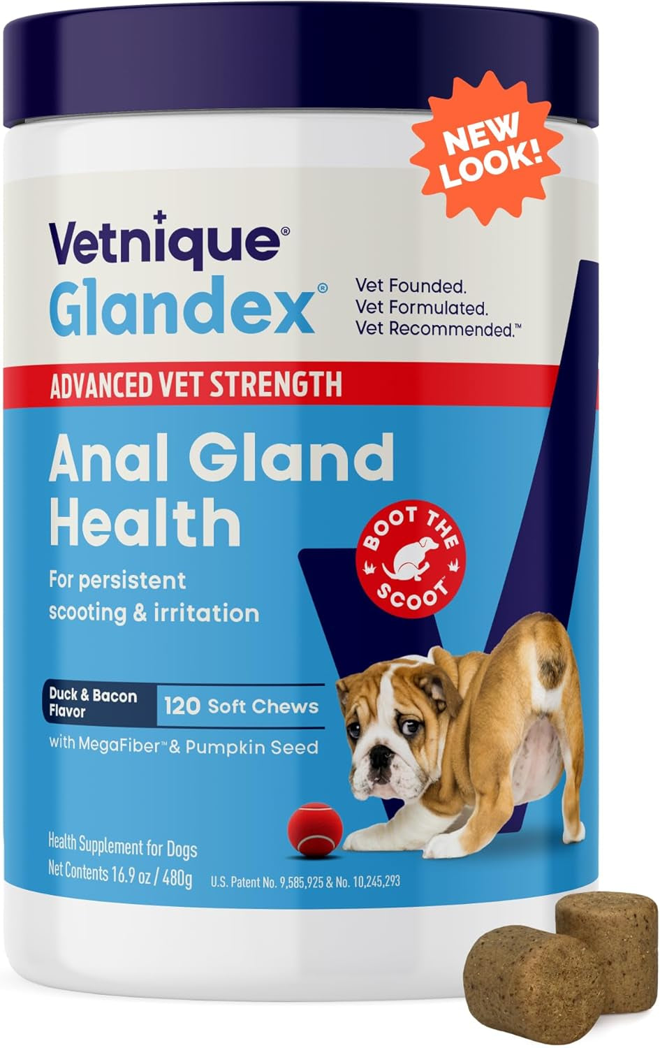 Glandex Anal Gland Soft Chew Treats with Pumpkin for Dogs Digestive Enzymes, Probiotics Fiber Supplement for Dogs Boot the Scoot (Advanced Strength Duck/Bacon Chews (Vegetarian), 120 Ct)