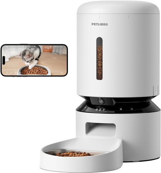 Automatic Cat Feeder with Camera, 1080P HD Video with Night Vision, 5G Wifi Pet Feeder with 2-Way Audio, Low Food & Blockage Sensor, Motion & Sound Alerts for Cat & Dog Single Tray