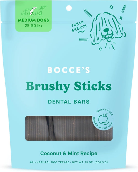 Dailies Brushy Sticks to Support Oral Health & Fresh Breath, Wheat-Free Dental Bars for Dogs, Made with Real Ingredients, Baked in the USA, All-Natural Coconut & Mint, Medium Dogs