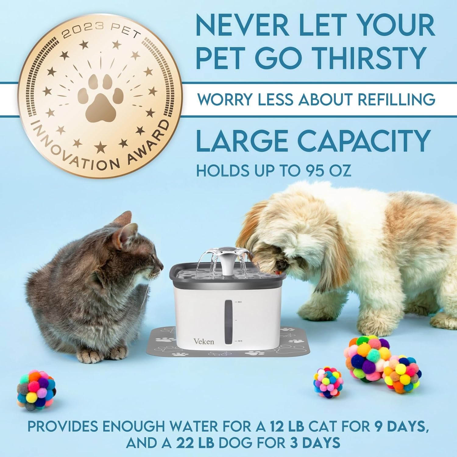 Innovation Award Winner 95Oz/2.8L Pet Fountain, Automatic Cat Water Fountain Dog Water Dispenser with Replacement Filters for Cats, Dogs, Multiple Pets (Grey, Plastic)