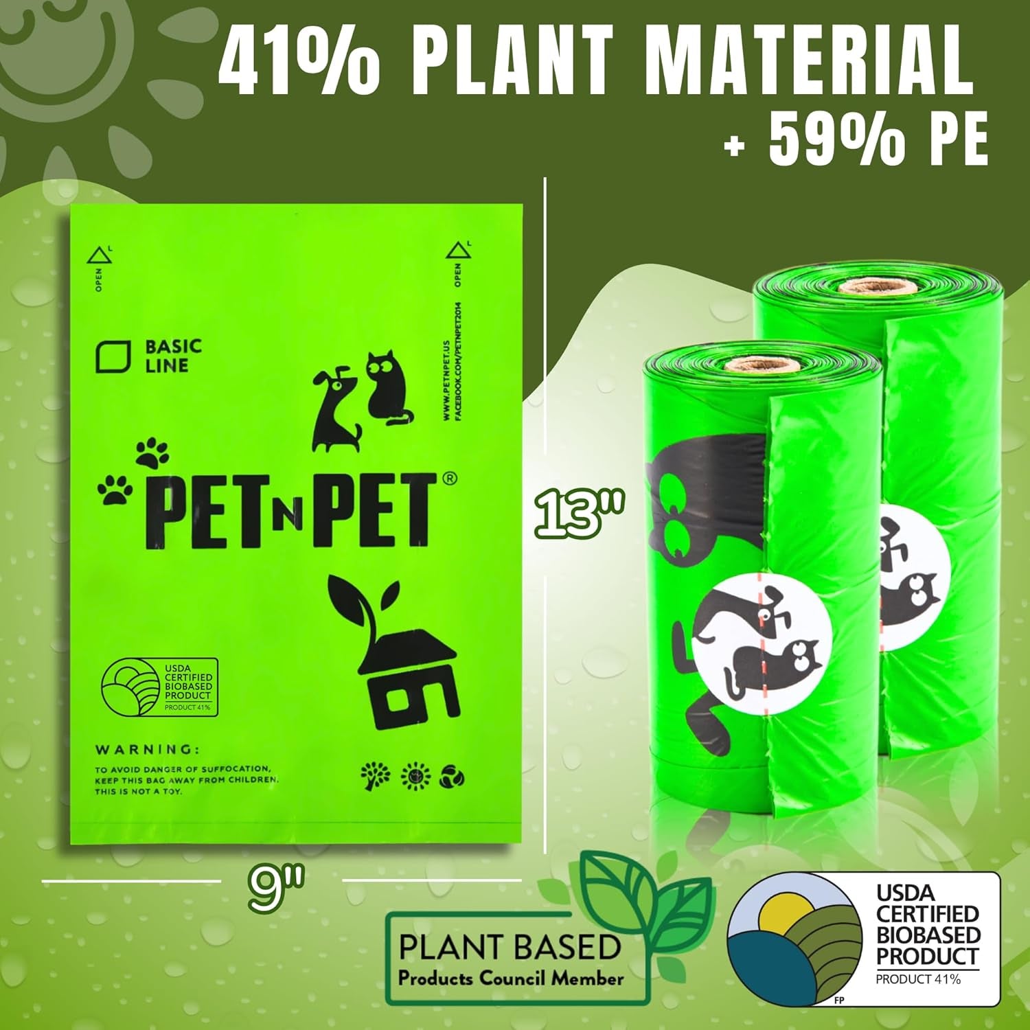 1080 Counts Green Poop Bags for Dogs, 41% Plant Based & 59% PE Extra Thick Dog Poop Bags Rolls, 9" X 13", Unscented Pet Waste Bag