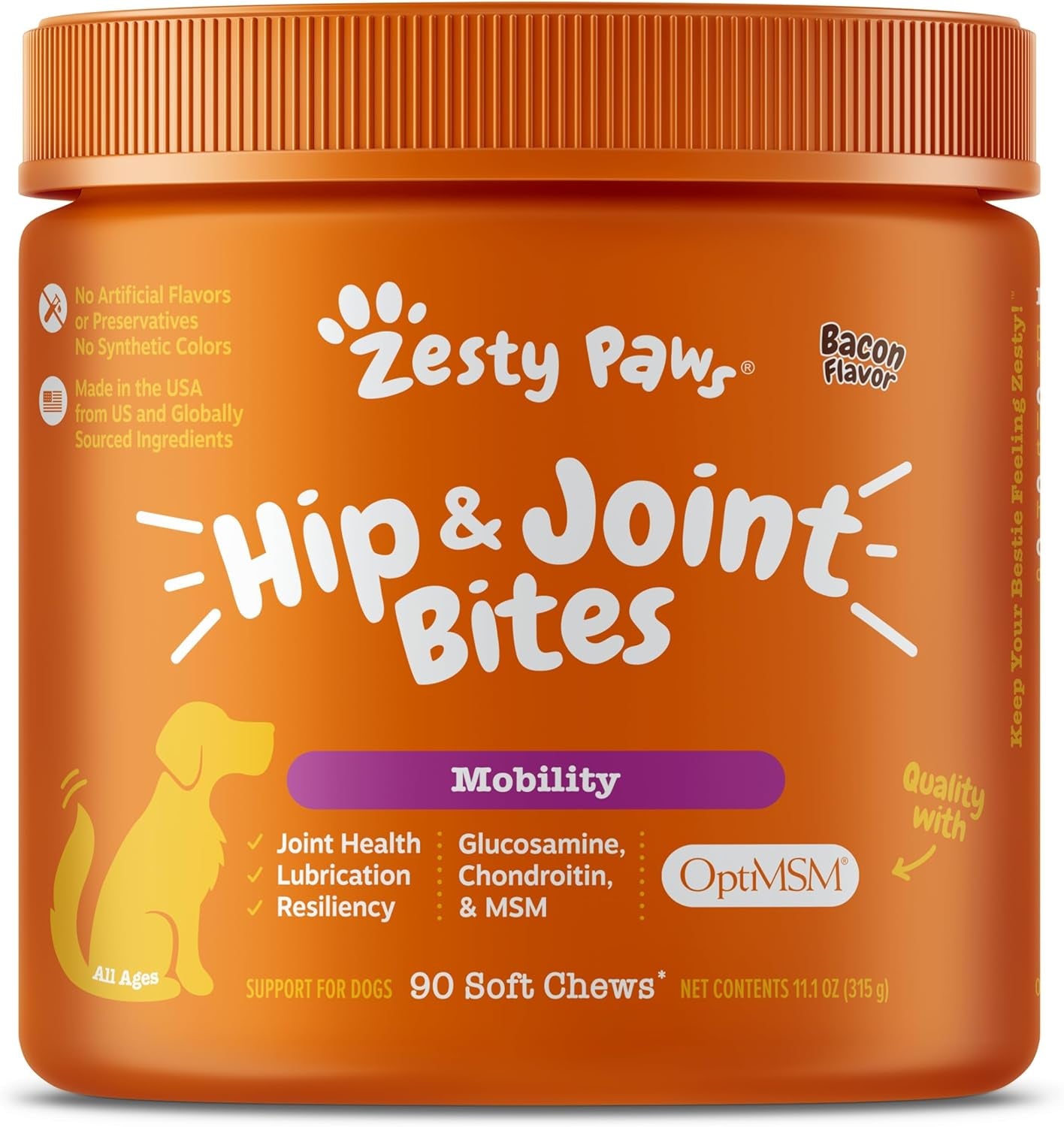 Hip and Joint for Dogs, Glucosamine for Dogs Hip and Joint Supplement with Chondroitin, MSM, Vitamins C & E - Bacon, 90 Count