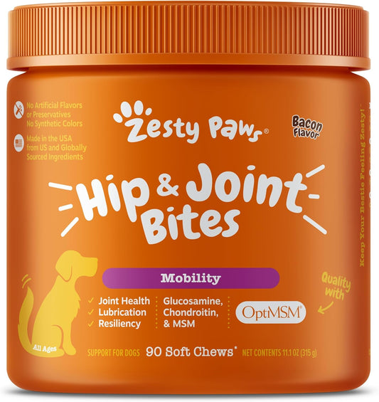 Hip and Joint for Dogs, Glucosamine for Dogs Hip and Joint Supplement with Chondroitin, MSM, Vitamins C & E - Bacon, 90 Count
