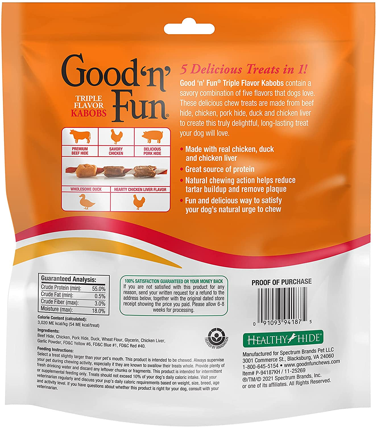 Good'N'Fun Triple Flavored Rawhide Kabobs for Dogs, 24 Oz, 36 Count, 2 Pack