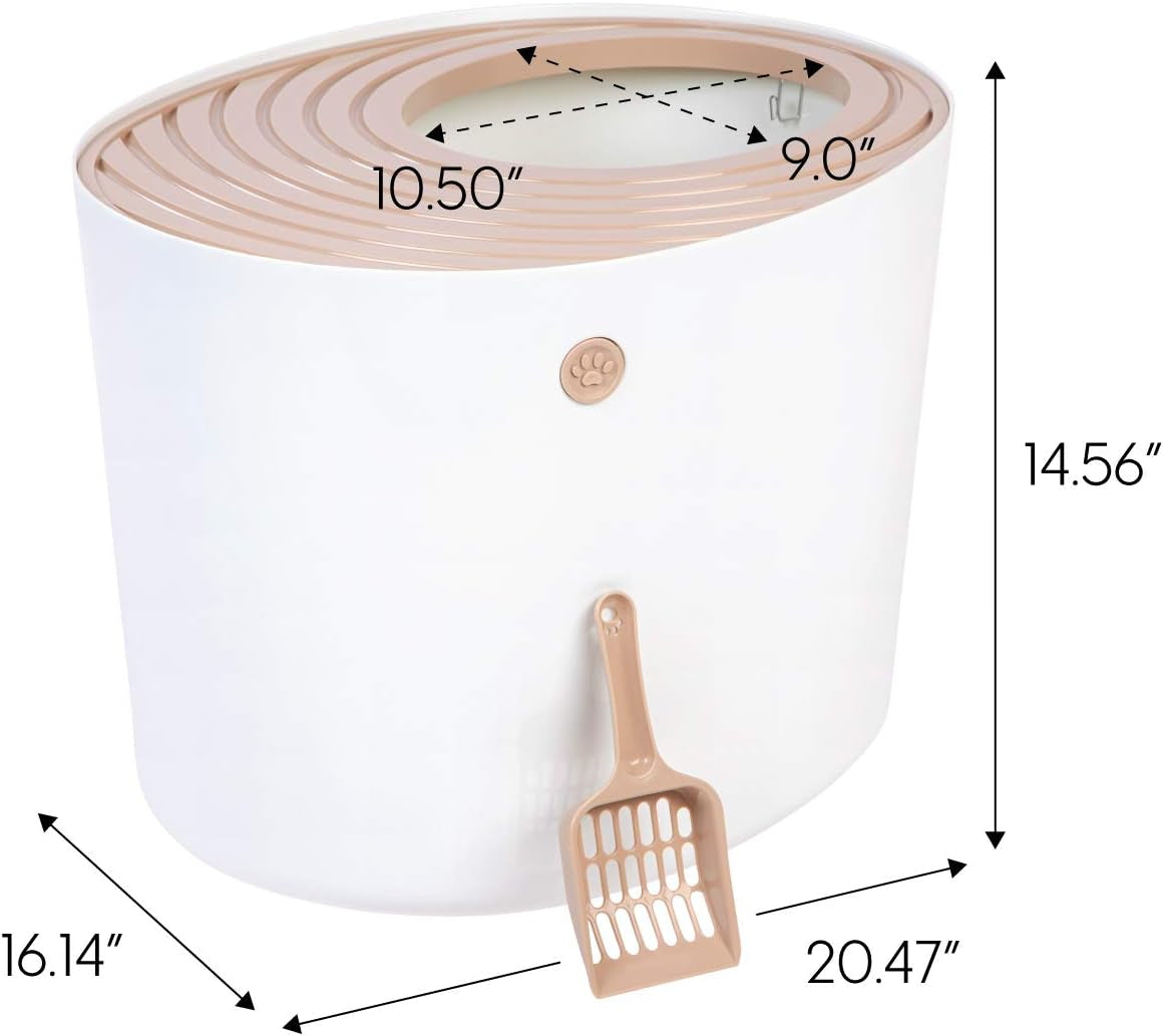 USA Cat Litter Box, Large Top Entry with Litter Catching Lid and Scoop, Dog Proof, Cat Box Enclosure, Beige/White