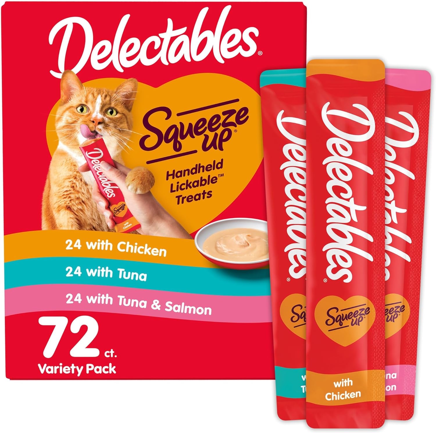 Delectables Squeeze up Variety Pack, Creamy Squeezable Puree, Lickable Wet Cat Treats, Grain Free, No Added Fillers, No By-Products, No Added Preservatives, 0.5 Ounces Tube, 72 Tubes Total